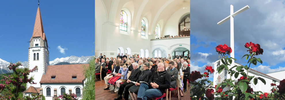 3 Bilder aus dem Gemeindeleben der Christuskirche: Gottesdienst, Taufe und Außenansicht der Kirche